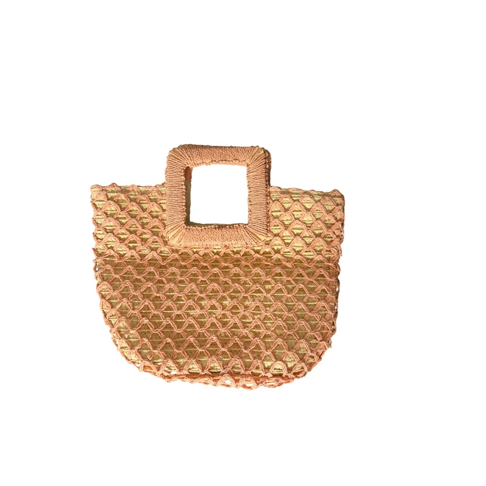 Woven Straw Mesh Tote Bag Peach Pink Square Handle Beach Summer Boho Handbag